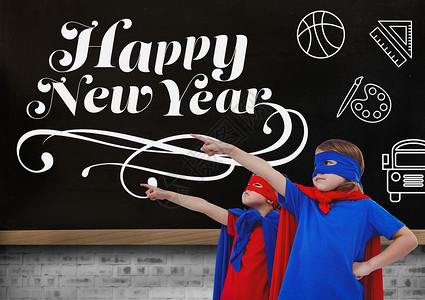 超级品牌日字体身着超级英雄服装的孩子们 指向新年贺词童年面具友谊字体插图脚本感情屏幕黑板喜悦背景