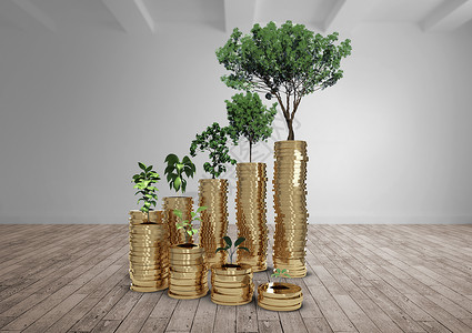 金色绿色金币图形币和树木复合广告货币土壤图像商业白色硬币地面植物背景