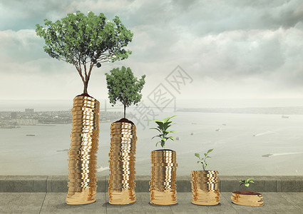 金色绿色金币图形以城市背景为背景在金钱上植树背景