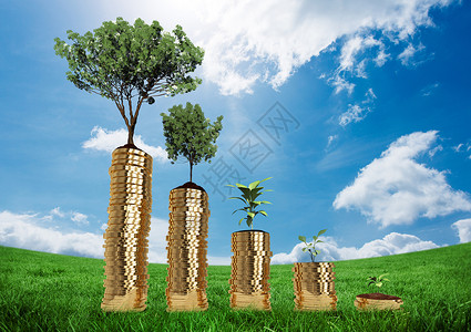 金色绿色金币图形硬硬币和树木的数字复合物图像绿色经济天空生长空白金色阳光植物复合背景
