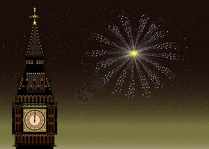 新年钟声新年艺术品时代派对爆破时间片白色绘画天空钟楼焰火背景