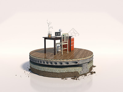 3D家具模型概念设计钢筋混凝土地板 带隔热层和镶木地板  在顶部切割成圆形 有扶手椅和咖啡桌 3D 渲染房间横截面草稿建造沙发木头装潢控制板背景
