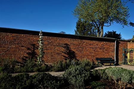 标贴包角典型的红砖墙包围着草药和厨房花园背景