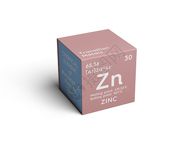 Zinc 过渡金属 门捷列夫周期的化学元素i正方形渲染立方体插图符号化学品电子质量原子盒子背景图片