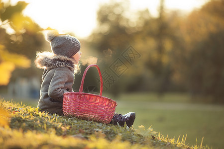 在寒冷的秋天户外 带着篮子的可爱小女孩公园橙子叶子快乐晴天树叶森林童年婴儿乐趣丰富多彩的高清图片素材