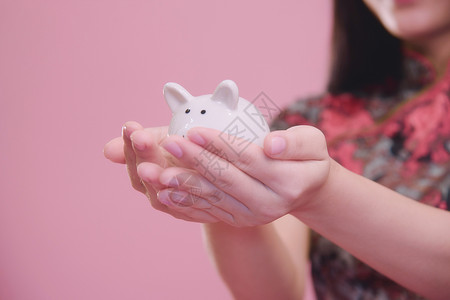 粉色小萝莉小猪银行在手边经济贷款收益生长津贴家庭预算投资报酬小猪背景