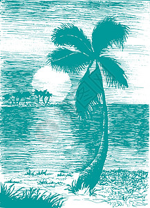 夏至矢量插画与 pal 的矢量热带夏季插画城市海滩海洋打印横幅海浪岛屿冲浪海报假期背景