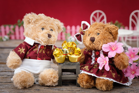 熊运气玩具植物学裙子金子礼物祝福装饰吉祥季节背景图片