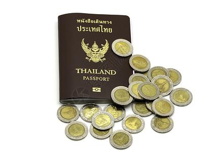 泰国护照封面 有硬币的身份证公民为泰国护照文档绘画鉴别艺术品游客银行办公室金融旅行移民假期高清图片素材