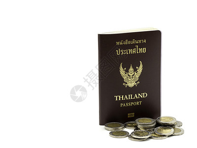 泰国护照封面 有硬币的身份证公民为泰国护照安全金融艺术品办公室游客旅行货币旅游情况边界白色的高清图片素材
