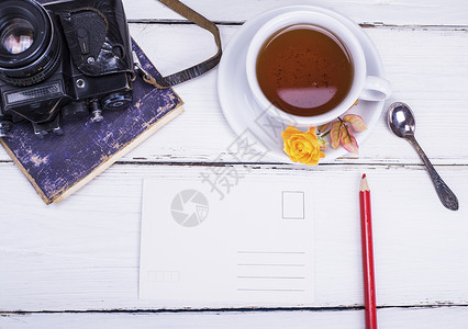 杯中照片素材白杯中的黑茶玫瑰杯子白色照片铅笔勺子明信片电影空白黑色背景