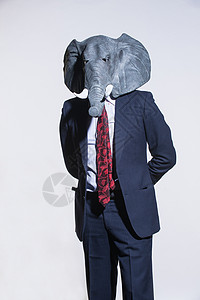 浅色背景上戴着大象面具的男人成人白色夹克首席外套海报虚幻西装衣冠商务背景图片