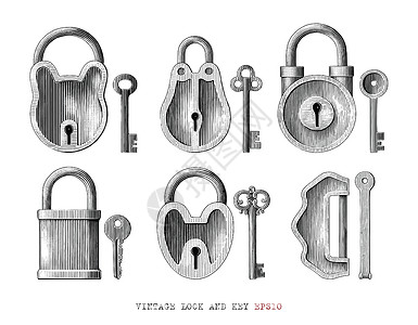手绘锁复古锁和钥匙收藏手绘雕刻风格 blac背景