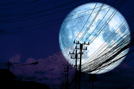 超级全蓝色月亮后光影电源线路支柱背景图片