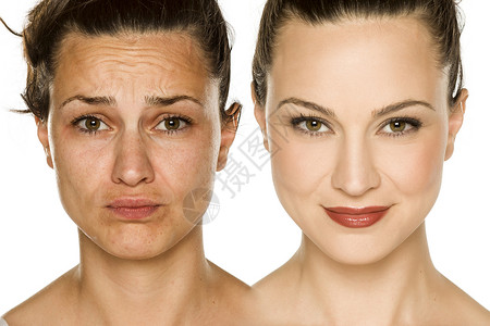妇女无和有化妆品的比较肖像美容治疗护理皮肤女士高清图片
