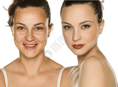 妇女无和有化妆品的比较肖像治疗皮肤护理美容女士高清图片