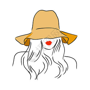 漂亮红色花插图戴着优雅帽子的美丽女人的剪影 向量 戴着帽子的漂亮女孩 矢量素描图绘画墨水配件白色嘴唇女孩头发魅力卡通片黑色背景