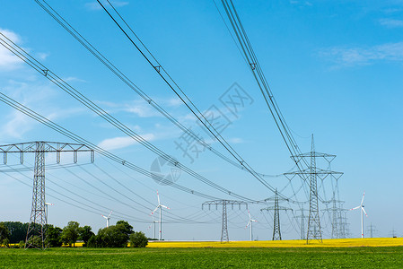 传输线和天空电线和风力涡轮机接线资源能源发动机风能力量天空环境过渡电力线背景