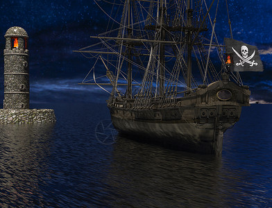 海盗旗素材在旧灯塔附近 月光着火的海盗帆船旗帜渲染火焰夜曲地平线星星桅杆鹅卵石海洋插图背景
