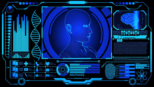 人体全息素材3D 人体头部模型渲染在医疗未来 HUD 显示屏中旋转 包括 DNA 数字脑扫描指纹等 蓝色静止图像 Ver 1 全屏背景