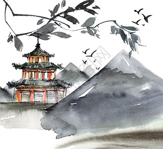 手绘树山水彩画中国风景旅游刷子艺术旅行宝塔绘画手工插图飞行天空背景