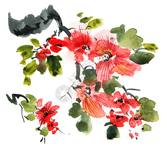 红色手绘水彩花水彩花树树叶植物树苗花瓣插图手工问候语花园墨水绘画背景