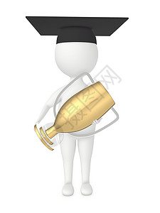 大学毕业啦金色3d 人物男子戴着毕业帽 拿着金色奖杯背景