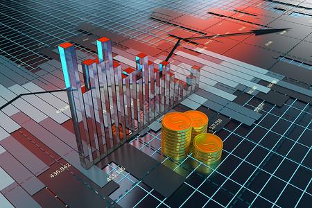 3D趋势走向经济数据业务统计 3d 渲染的减少危机硬币库存投资图表基金金融风险沮丧债务背景