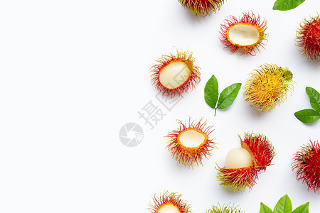 Rambutan在白色背景上被孤立异国团体营养水果市场美食果实食品叶子热带树高清图片素材