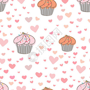 粉色蛋糕图标纸杯蛋糕图案背景可爱面包店图案矢量图解打印奶油墙纸小雨食物卡片派对孩子们糖果蓝色背景
