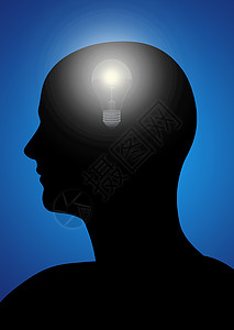 有齿轮和灯泡的男人的黑色黑相男士思维蓝色想法创造力专注智慧刺激智力概念背景图片