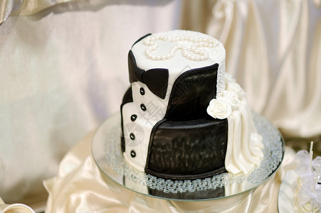 珍珠蛋糕白黑结婚蛋糕面包婚礼派对珍珠故事新娘食物幸福甜点燕尾服背景