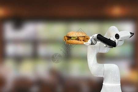 机器人服务员智能机器人食品在餐厅未来机器人自动化中拿着汉堡包提高效率工作菜单技术顾问垃圾食物商业人工智能机器金属背景