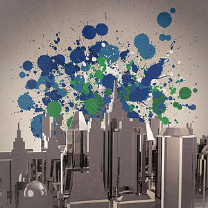 飞溅颜色背景上的抽象 3d 城市背景图片