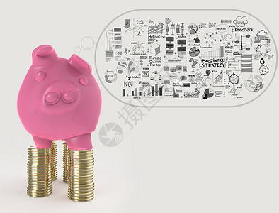 手绘小猪粉红小猪银行 3D站立在硬币和手画生意上黄铜存钱罐货币生长安全退休财富经济领导者经济学背景