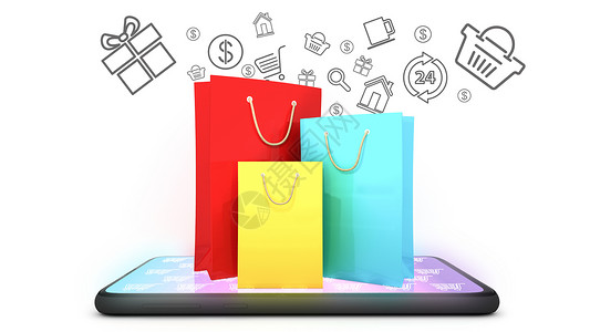 手机上带有购物图标和白色背景的彩色纸购物袋 在线购物或购物狂概念 3D 渲染插图高清图片素材