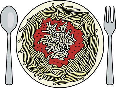 意大利面酱盘子上的意大利面房间服务刀具食物面条用餐红色尾巴白色餐厅设计图片