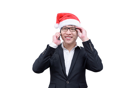 辅大耶诞节生意人跟圣诞节一起聊天和欢笑的耶诞节眼镜派对庆典帽子衬衫网络假期人士蓝色商务背景