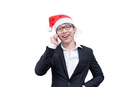 辅大耶诞节生意人跟圣诞节一起聊天和欢笑的耶诞节帽子假期眼镜派对电话蓝色商务乐趣办公室套装背景