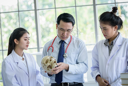 亚洲老师教学生理科和解剖学的亚洲教师科学骨骼班级课堂讲师身体颅骨实验室女士死亡人类高清图片素材