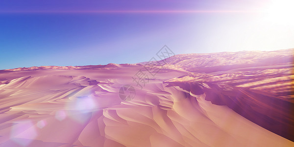 3D地形在沙漠的沙丘日落  3d 渲染场景冒险行星地形海滩旅行外星人蓝色海浪干旱背景