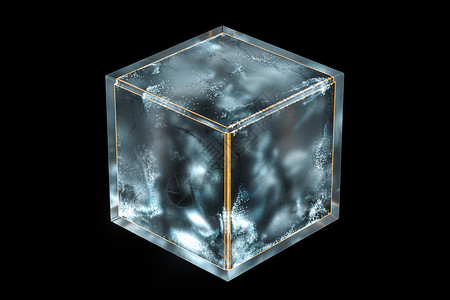 毛玻璃素材里面有发光粒子的冰霜玻璃立方体 3D放大辉光水晶正方形耀斑渲染冷藏蓝色磨砂毛玻璃边缘背景