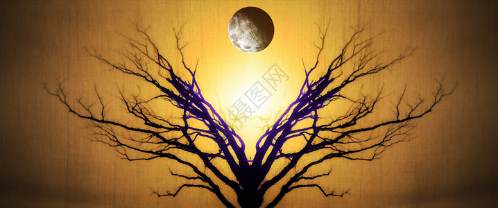 生命树艺术品世界精神金子太阳月亮地球场景天空魔法抽象的高清图片素材