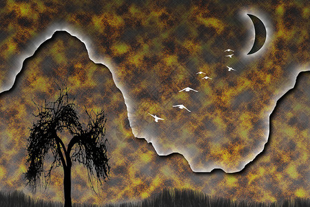 神秘大自然墙纸植被色调浮雕曲线插图绘画剪影天空月亮背景图片