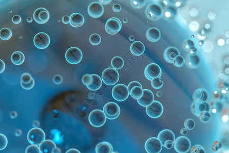 蓝色原子球体表面有气泡 3D成形物理泡沫技术实验室科学化学品生态圆形渲染化学背景图片