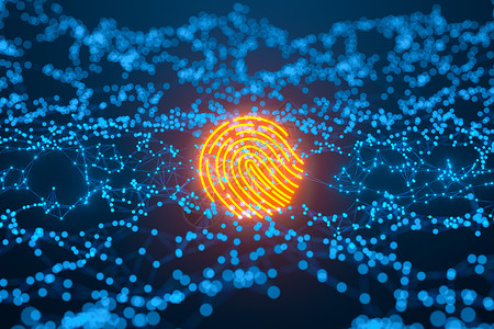 扫一扫指纹识别发光的金色指纹识别与蓝色背景 3d 渲染网格钥匙力量密码安全鉴别科学手指扫描器生物背景