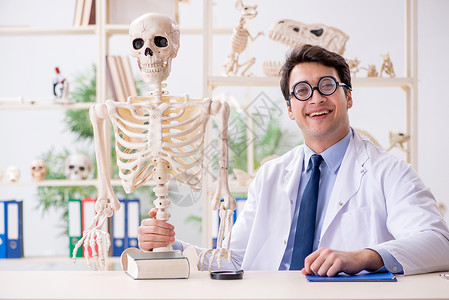 研究人类骨骼的疯狂教授班级医院医生演讲男人科学大学身体脊柱课堂坚果高清图片素材