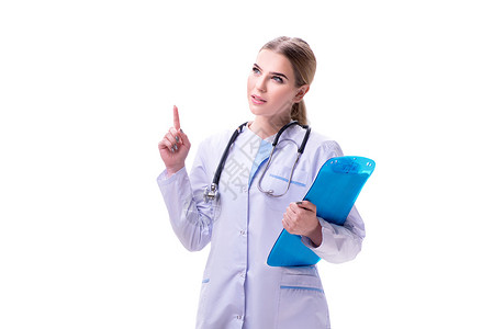 白种背景孤立的年轻女医生医院考试工作学生微笑笔记本从业者外套诊所卫生病人高清图片素材