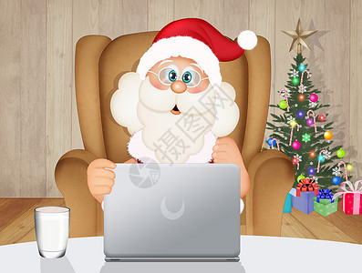 带电脑的圣诞老人监视器男人网络笔记本扶手椅屏幕心愿互联网社交键盘背景图片