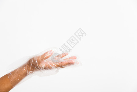戴单用手的女子保护可一次性透明塑料板乳胶打扫手指工人手术工作医生女性皮肤保健背景图片